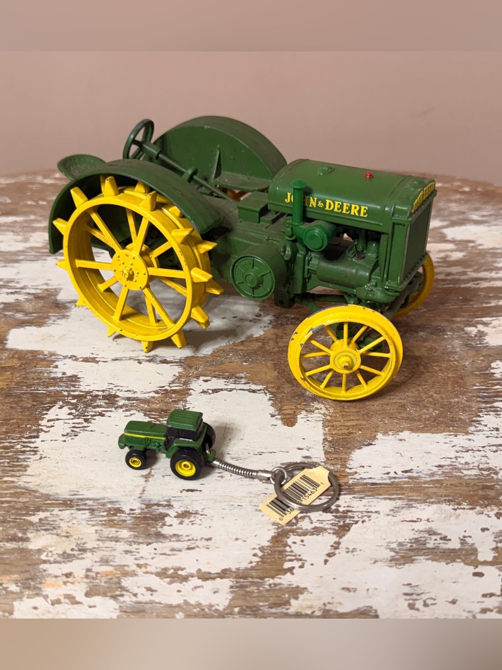 John Deere Green and Yellow Cast Metal Tractor Toy with Spoked Wheels